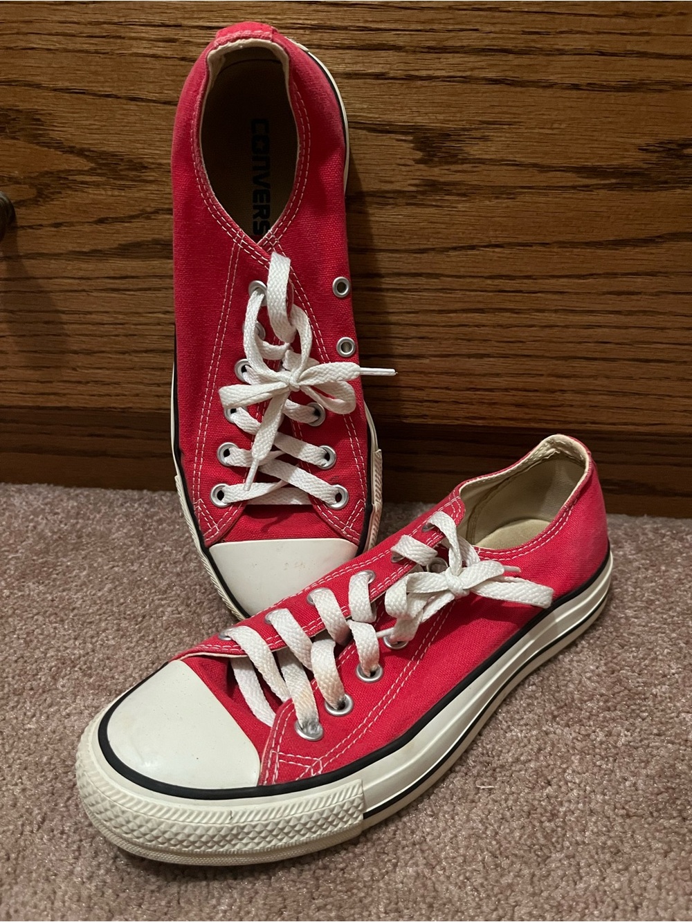 Converse Chuck Taylor Canvas Low Top Sneakers in Red with White Accents - Picture 3 of 6